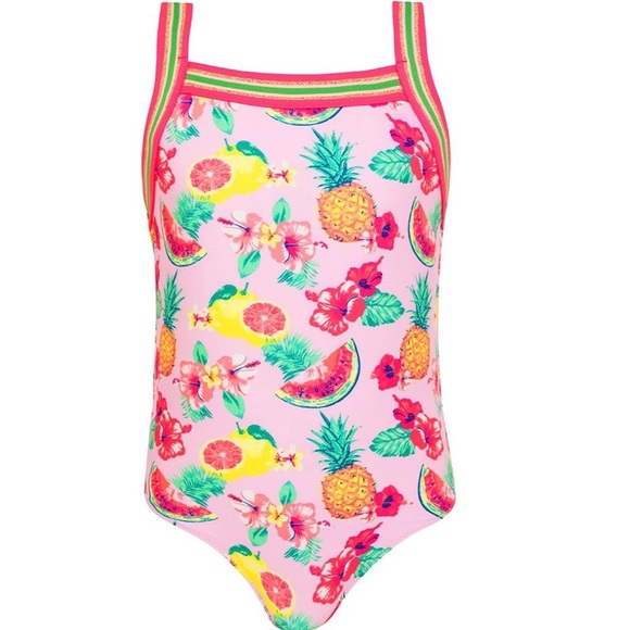 🍍Sunuva🍍One Piece Pink Aloha Glitter Trim Floral Swimsuit Girl Size 11-12 - Picture 1 of 5